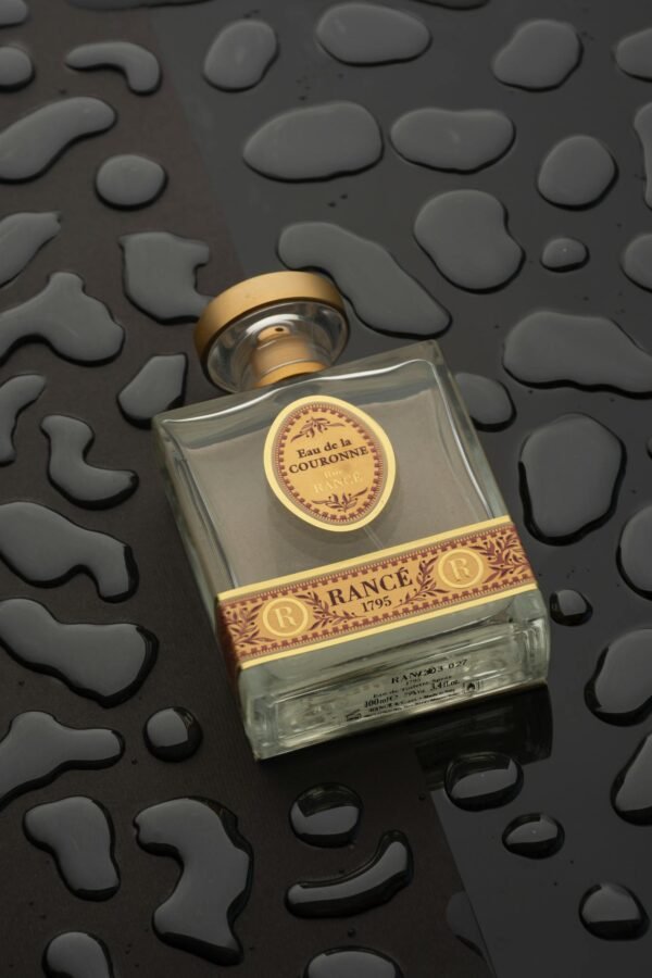 Close-up of a luxury perfume bottle on a textured wet surface, showcasing elegance and style.