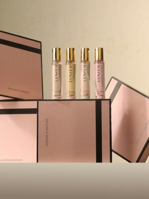 Sophisticated display of luxury perfume bottles with gift boxes, ideal for special occasions.