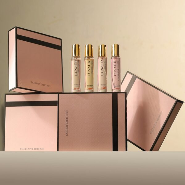 Sophisticated display of luxury perfume bottles with gift boxes, ideal for special occasions.
